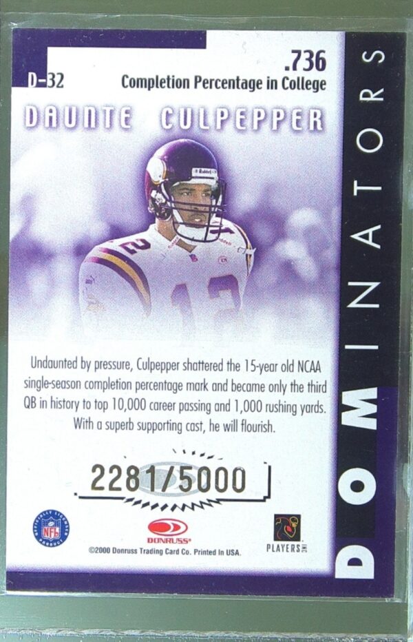 2000 Donruss Daunte Culpepper /5000 #D-32 Vikings Dominators - Image 3
