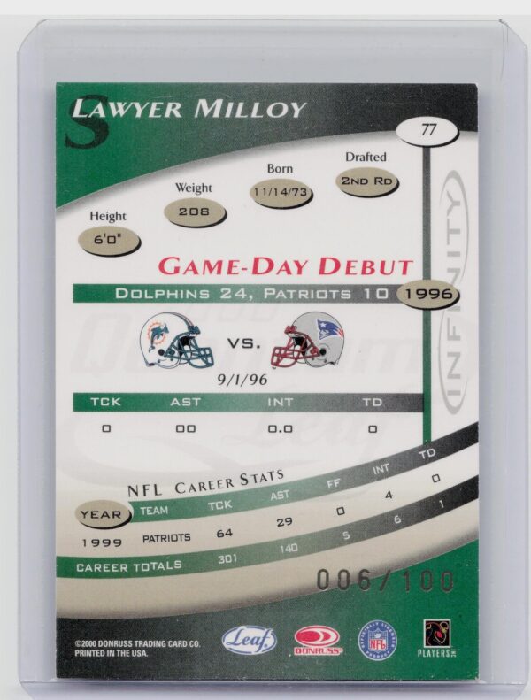 2000 Quantum Leaf Lawyer Milloy Infinity Green /100 #77 Patriots - Image 3