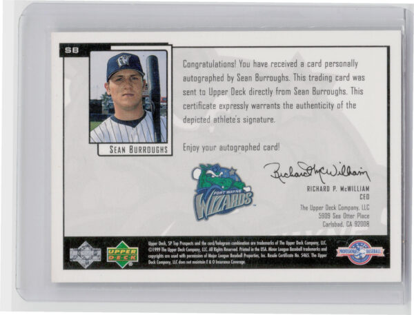 2000 SP Top Prospects Sean Burroughs AU #SB Wizards Chirography - Image 3