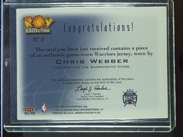2001-02 Fleer Focus Chris Webber MEM #ROY-CW Kings ROY Collection Jerseys - Image 3