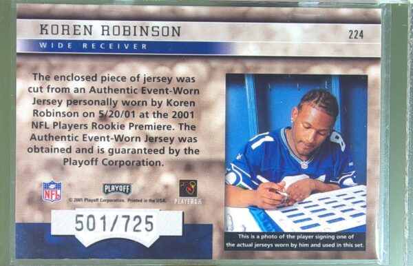 2001 Playoff Honors Koren Robinson /725 RC JSY RC #224 Seahawks - Image 3