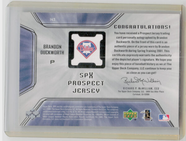 2001 SPx Brandon Duckworth AU RC SPJ MEM #143 Phillies - Image 3