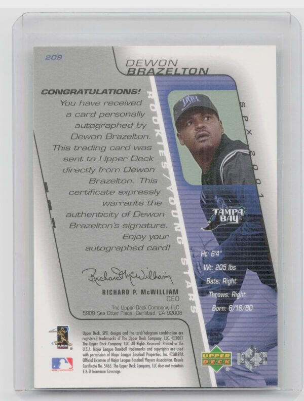2001 Upper Deck Rookie Update Dewon Brazelton AU SN1500 RC #209 Rays 2001 SPx Up - Image 3