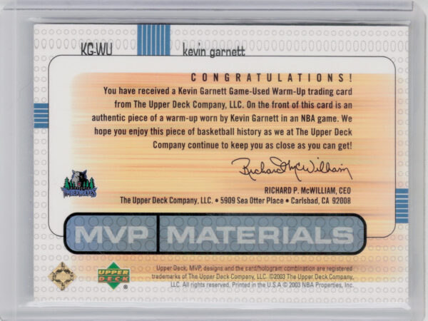 2002-03 Upper Deck MVP Kevin Garnett MEM #KG-W Timberwolves Materials Warm Up - Image 3