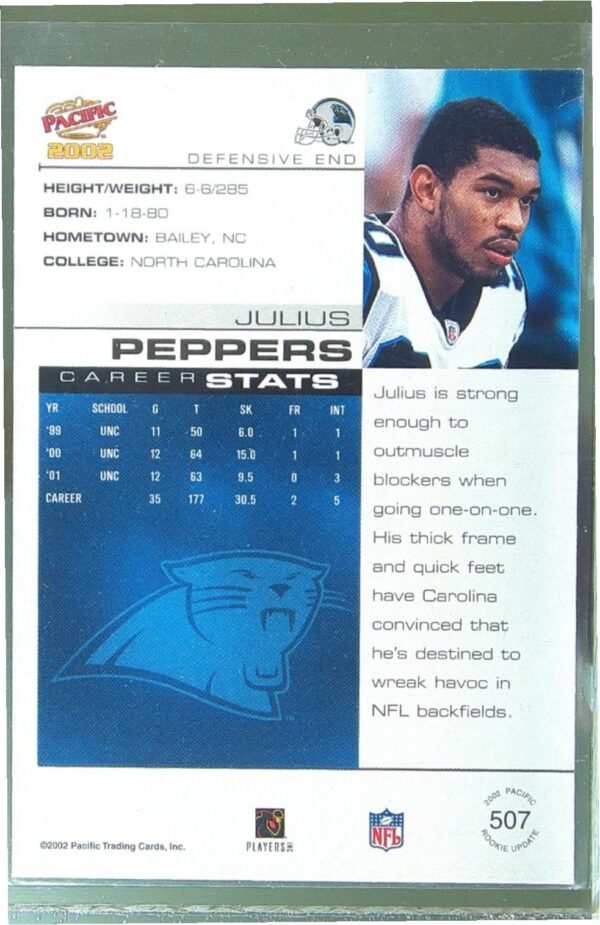 2002 Pacific Julius Peppers RC #507 Panthers - Image 3