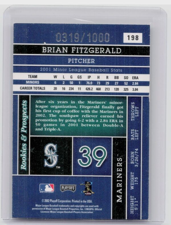 2002 Playoff Absolute Memorabilia Brian Fitzgerald RC SN1000 #198 Mariners - Image 3