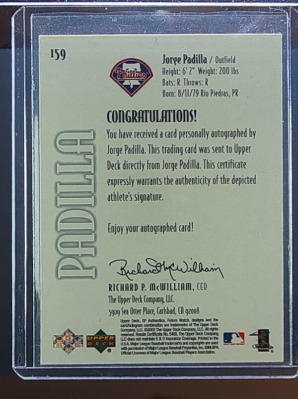 2002 SP Authentic Jorge Padilla AU SN999 RC #159 Phillies - Image 3