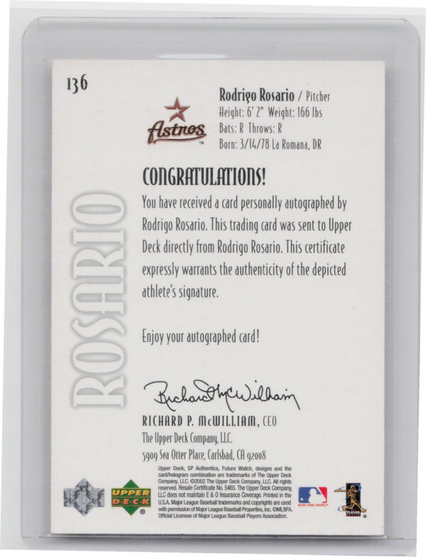 2002 SP Authentic Rodrigo Rosario AU SN999 RC #136 Astros - Image 3