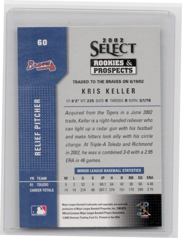 2002 Select Rookies & Prospects Kris Keller Auto #60 Braves - Image 3