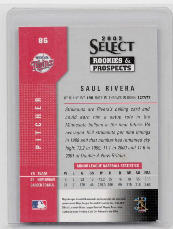 2002 Select Rookies & Prospects Saul Rivera AU #86 Twins - Image 3