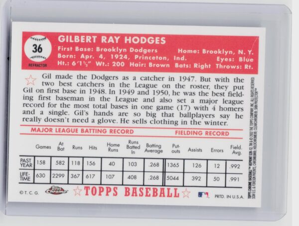 2002 Topps Chrome Gil Hodges #52R-12 Dodgers 1952 Reprints Refractors - Image 3