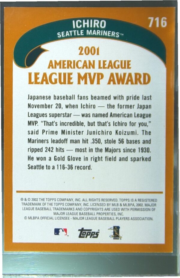 2002 Topps Ichiro #716 Mariners 2001 League MVP Award Winner - Image 3
