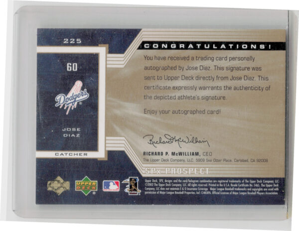 2002 Upper Deck Rookie Update Jose Diaz AU SN825 RC #225 Dodgers 2002 SPx Update - Image 3