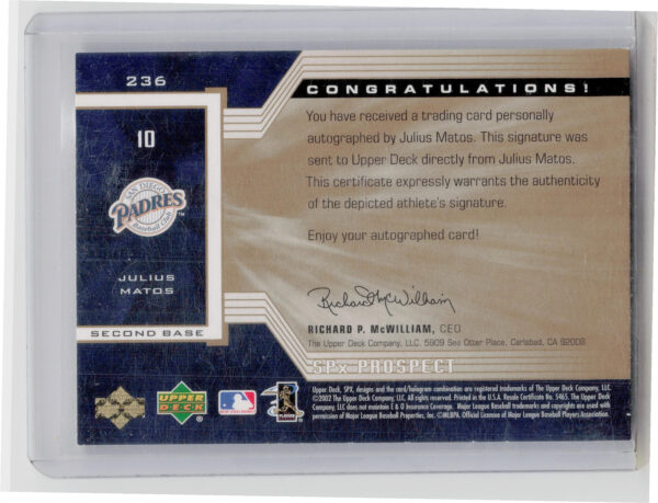 2002 Upper Deck Rookie Update Julius Matos AU SN825 RC #236 Padres 2002 SPx Upda - Image 3
