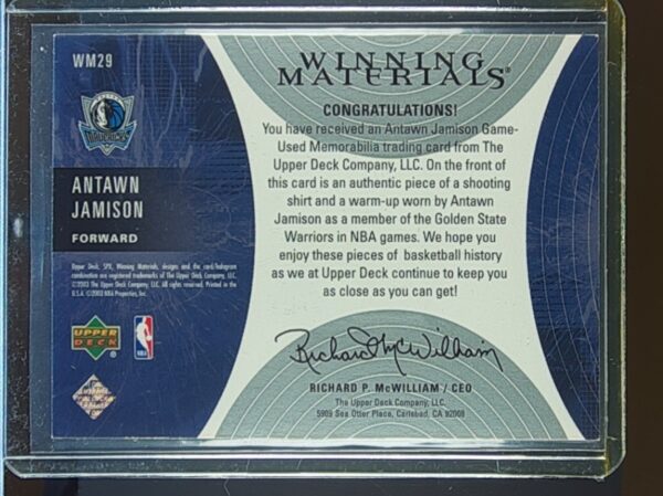2003-04 SPx Antawn Jamison JSY #WM29 Mavericks Winning Materials - Image 3