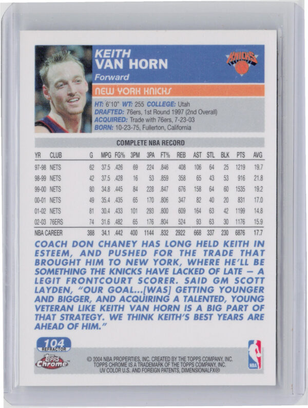 2003-04 Topps Chrome Keith Van Horn Refractors #104 Knicks - Image 3