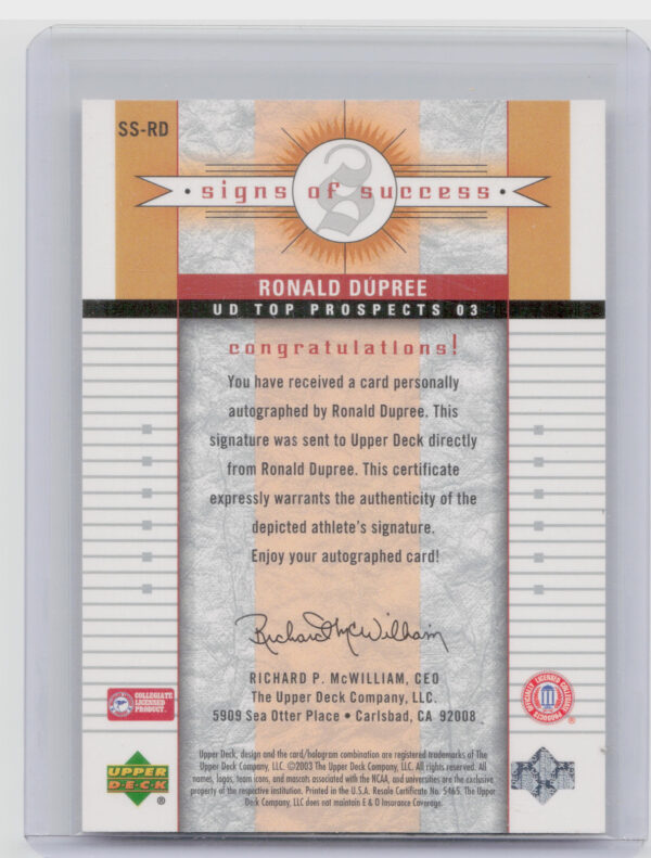 2003-04 UD Top Prospects Ronald Dupree AU #SS-RD Tigers Signs of Success - Image 3