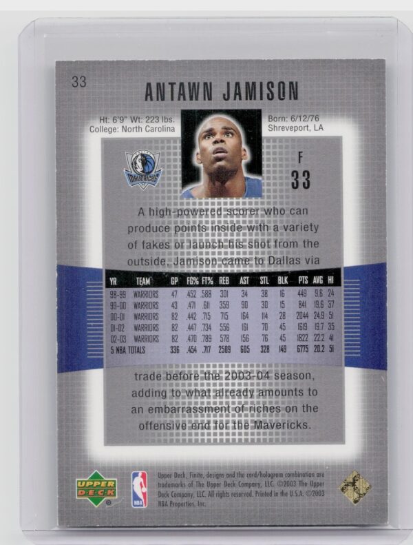 2003-04 Upper Deck Finite Antawn Jamison Gold SN299 #33 Mavericks - Image 3