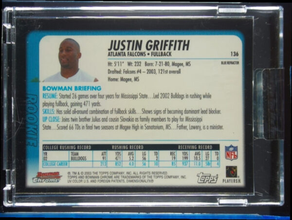 2003 Bowman Chrome Justin Griffith Blue Refractors #136 Falcons - Image 3