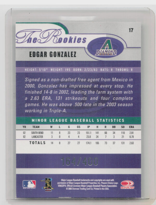 2003 Donruss/Leaf/Playoff (DLP) Rookies & Traded Edgar Gonzalez 2003 Donruss Roo - Image 3