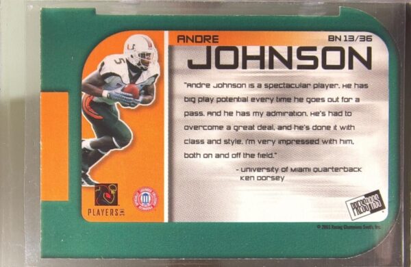 2003 Press Pass Andre Johnson RC #BN13 Hurricanes Big Numbers - Image 3