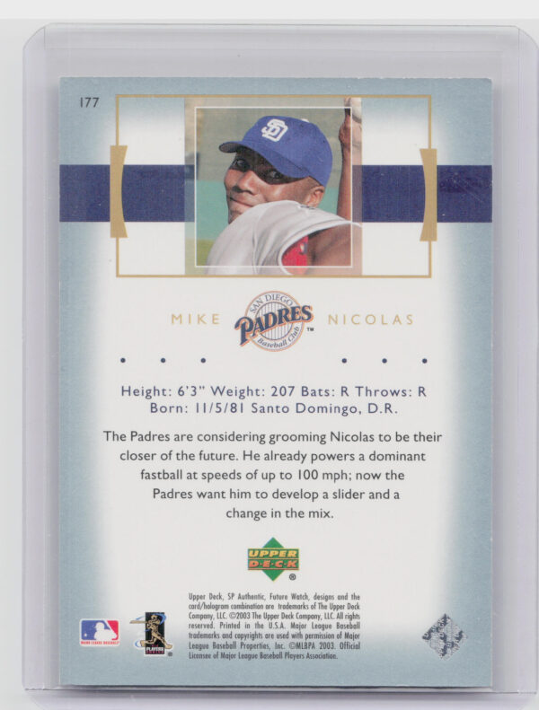 2003 SP Authentic Mike Nicolas RC SN2003 #177 Padres - Image 3