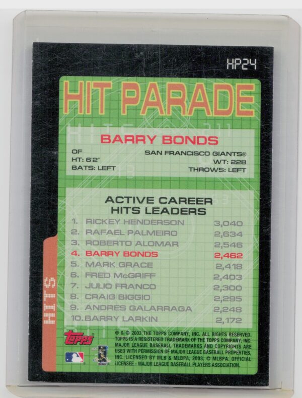 2003 Topps Barry Bonds #HP24 Giants - Image 3