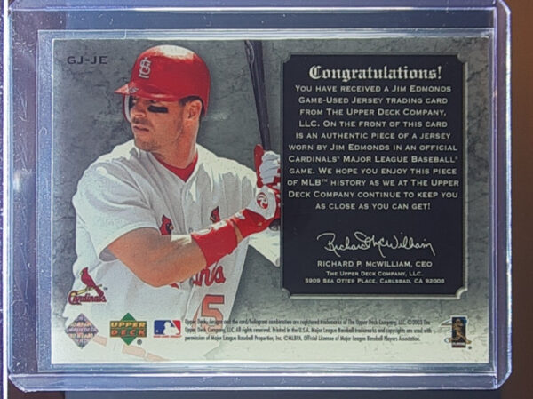 2003 Upper Deck Classic Portraits Jim Edmonds SN299 MEM #GJ-JE Cardinals Stitche - Image 3