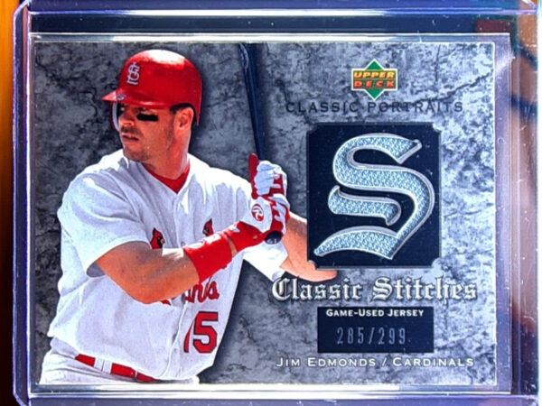 2003 Upper Deck Classic Portraits Jim Edmonds SN299 MEM #GJ-JE Cardinals Stitche