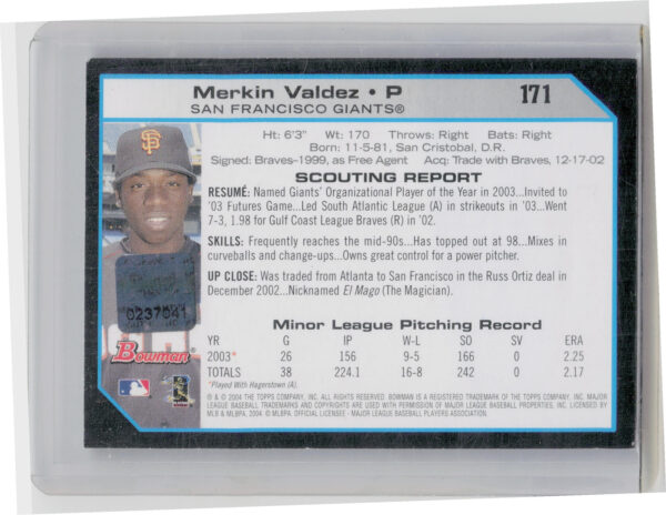 2004 Bowman Merkin Valdez AU SN25 #171 Giants Autographs Red Ink - Image 3