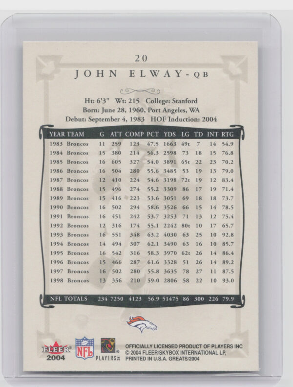 2004 Fleer Greats of the Game John Elway #20 Broncos - Image 3