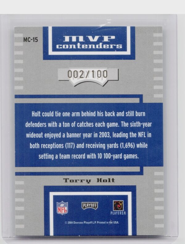 2004 Playoff Contenders Torry Holt /100 #MC-15 Rams MVP Contenders Blue - Image 3