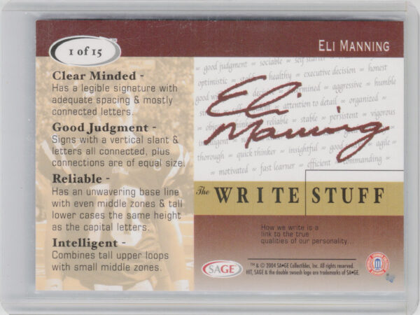 2004 SAGE HIT Eli Manning #1 Rebels The Write Stuff - Image 3