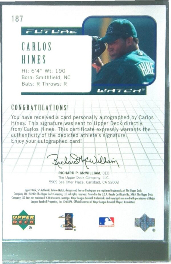 2004 SP Authentic Carlos Hines Auto /999 #187 Rays Future Watch Autographed - Image 3