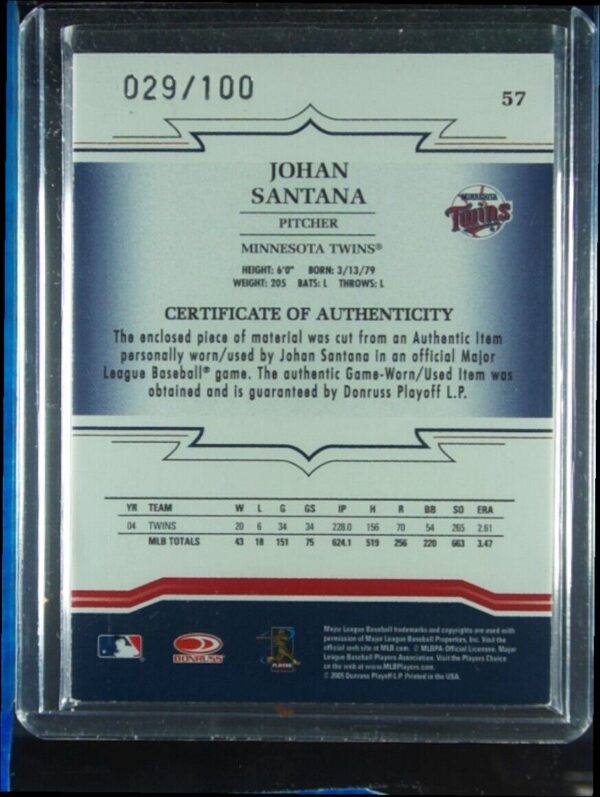 2005 Donruss Throwback Threads Johan Santana MEM SN100 #57 Twins Material Jersey - Image 3