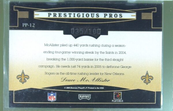 2005 Playoff Prestige Deuce McAllister /100 #PP-12 Prestigious Pros Purple - Image 3