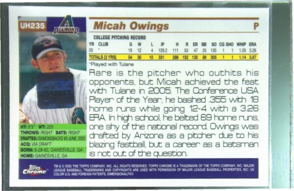 2005 Topps Chrome Updates & Highlights Micah Owings Auto RC #UH235 Diamondbacks - Image 3