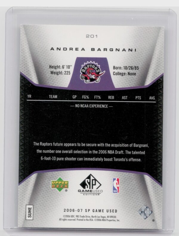 2006-07 SP Game Used Andrea Bargnani RC /999 #201 Raptors - Image 3