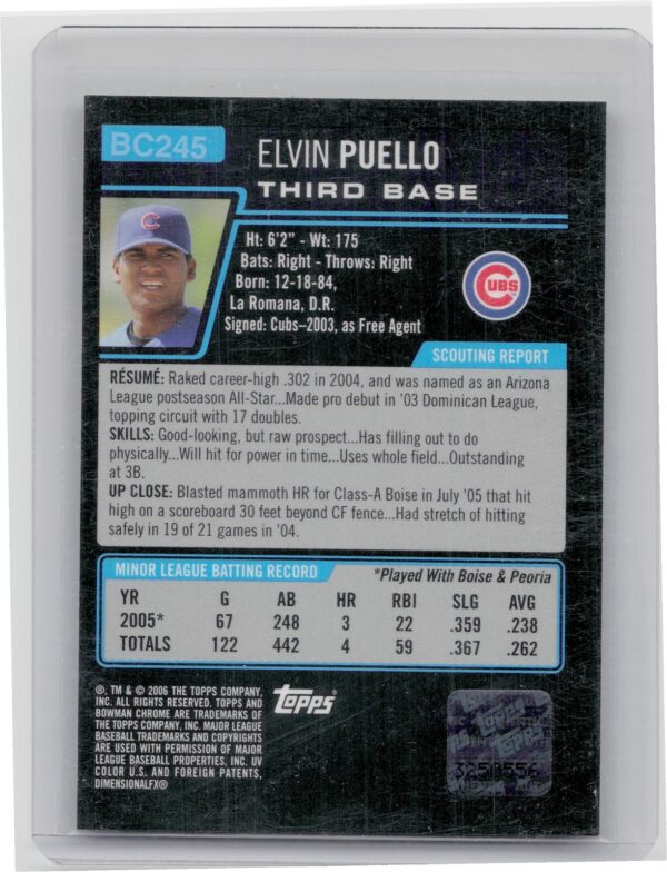 2006 Bowman Chrome Elvin Puello AU #BC245 Cubs Prospects - Image 3