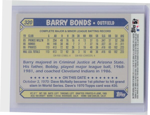2006 Topps Barry Bonds #2 Pirates Rookie of the Week - Image 3