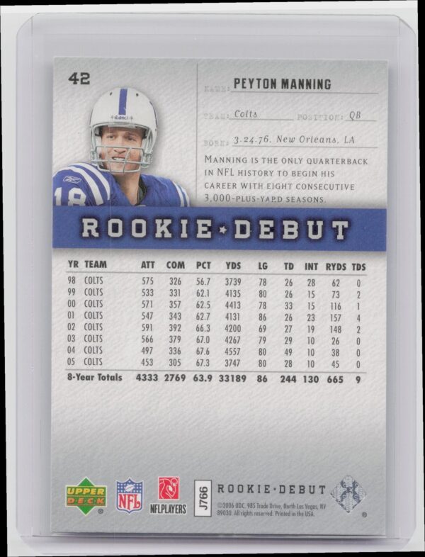 2006 Upper Deck Rookie Debut Peyton Manning #42 Colts - Image 3