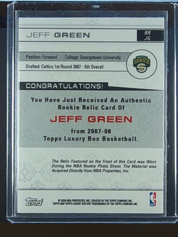 2007-08 Topps Luxury Box Jeff Green /499 JSY #RR-JG SuperSonics Rookie Relics - Image 3
