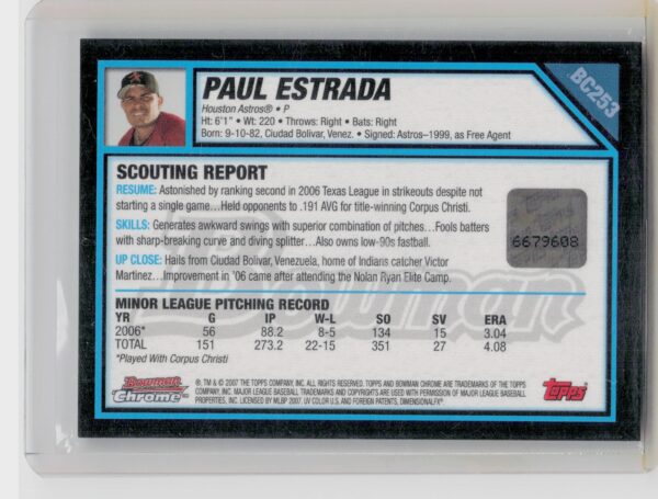 2007 Bowman Chrome Paul Estrada AU #BC253 Astros Prospects - Image 3