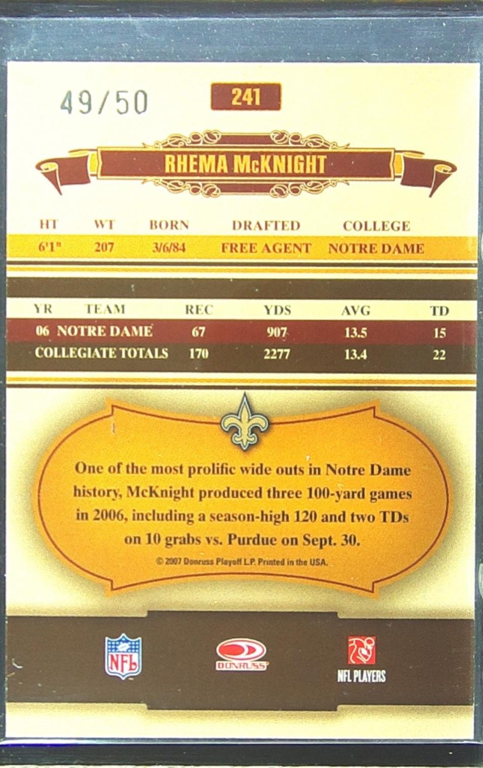 2007 Donruss Classics Rhema McKnight RC Timeless Tributes Silver /50 #241 Saints - Image 3