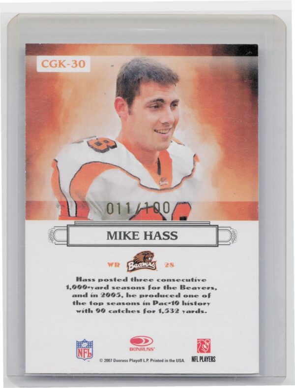 2007 Donruss Threads Mike Hass #CGK-30 Beavers College Gridiron Kings Gold - Image 3