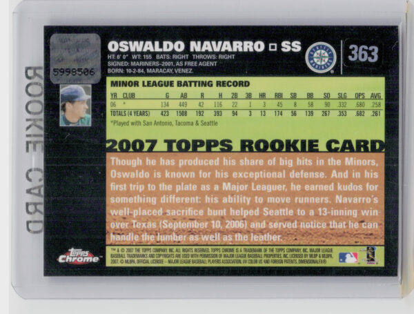 2007 Topps Chrome Oswaldo Navarro #363 Mariners - Image 3