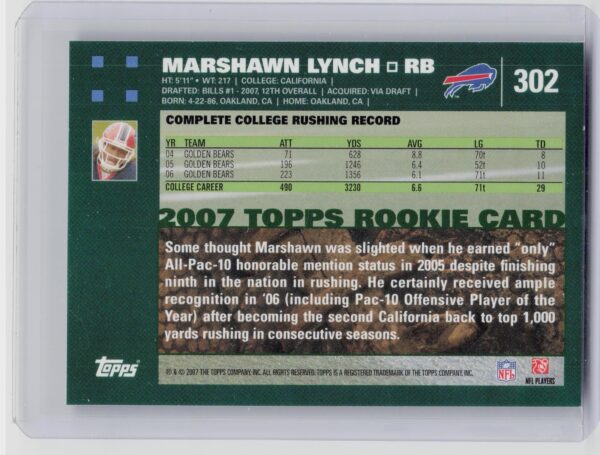 2007 Topps Marshawn Lynch RC #302 Bills - Image 3