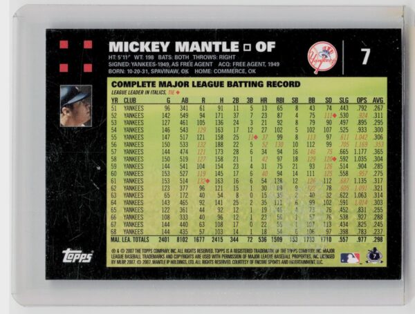 2007 Topps Mickey Mantle #7 Yankees - Image 3