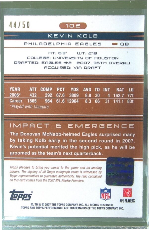 2007 Topps Performance Kevin Kolb Auto /50 JSY RC #102 Eagles Rookie Autographed - Image 3