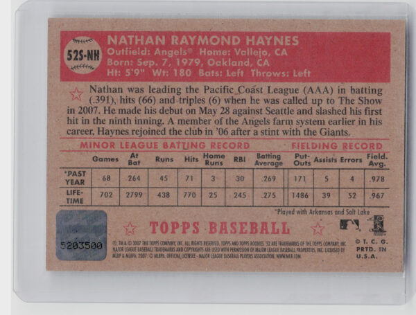 2007 Topps Rookie 1952 Edition Nathan Haynes AU #52S-NH Angels Signatures - Image 3